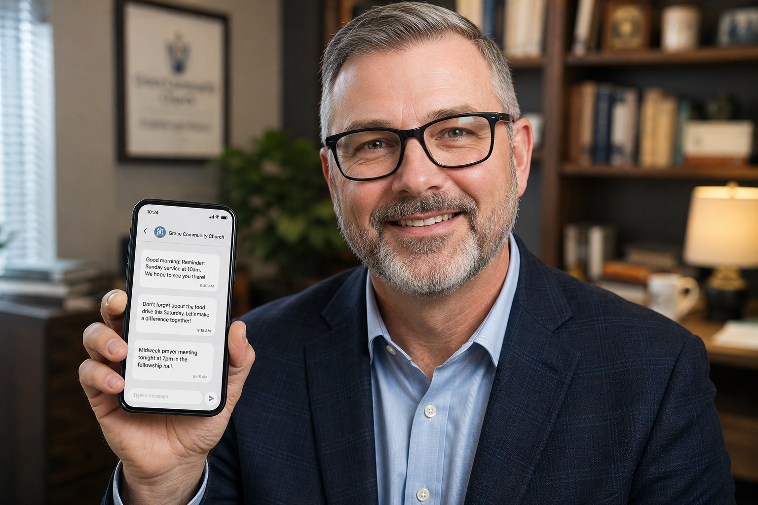 Church administrator smiling while texting congregation members from a smartphone